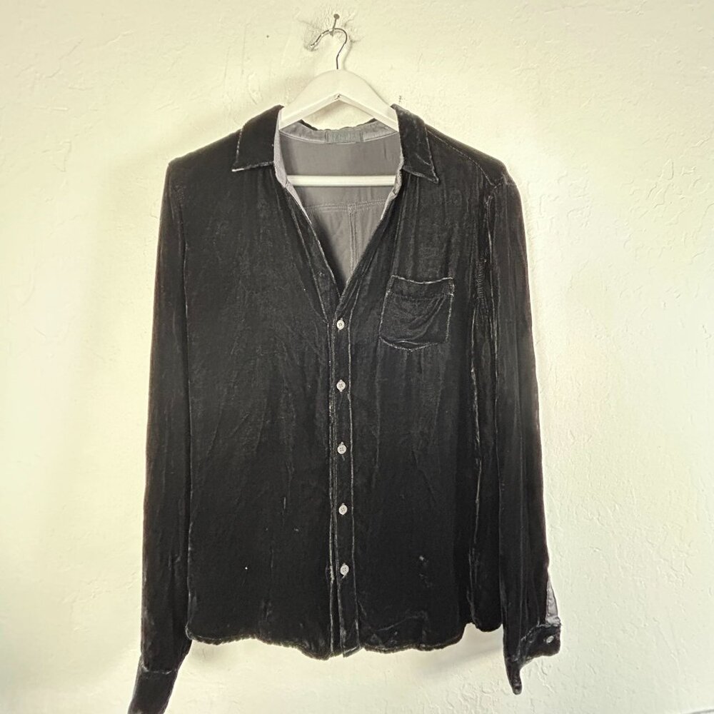 CP Shades Womens Black Velvet Button-Up Shirt Large Silk Blend Long Sleeve USA